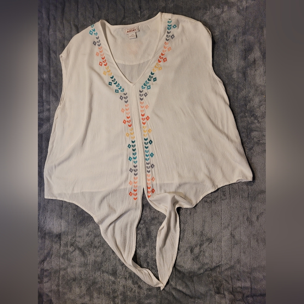 Ariat Embroidered Front Tie V Neck Top